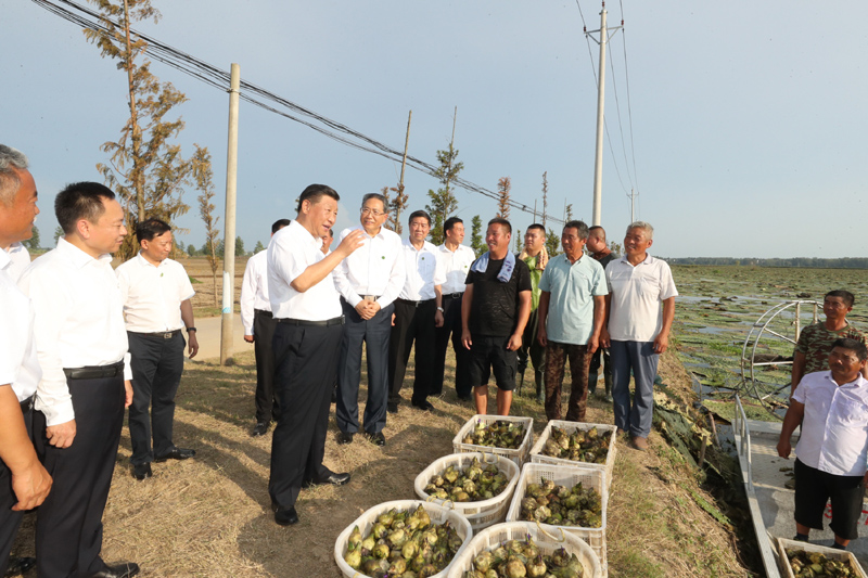 8月18日至21日，中共中央總書記、國家主席、中央軍委主席習(xí)近平在安徽省考察。這是18日下午，習(xí)近平在阜陽市阜南縣蒙洼蓄洪區(qū)，同正在采摘芡實的鄉(xiāng)親們親切交流，了解災(zāi)后生產(chǎn)恢復(fù)情況。